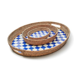 Royal Check Blue Enamel & Rattan Party Tray