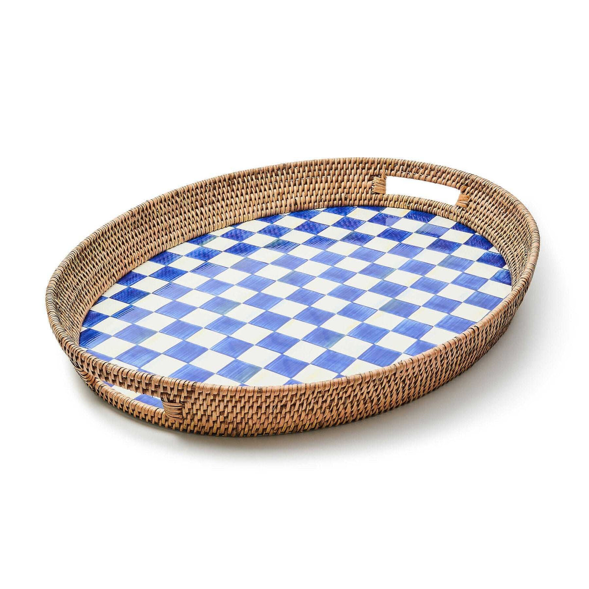 Royal Check Blue Enamel & Rattan Party Tray