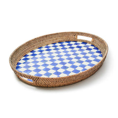 Royal Check Blue Enamel & Rattan Party Tray